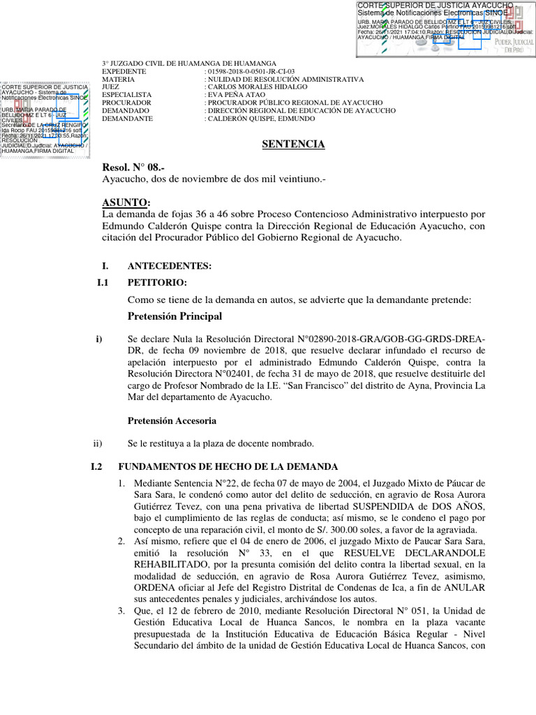 Sentencia Nulidad de Resolución Administrativa | PDF