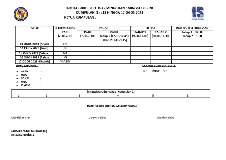 Template Jadual Guru Bertugas Mingguan Pdf