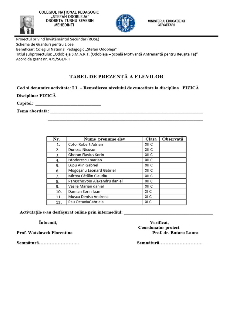 Tabel Prezenta Elevi ROSE Fizica | PDF