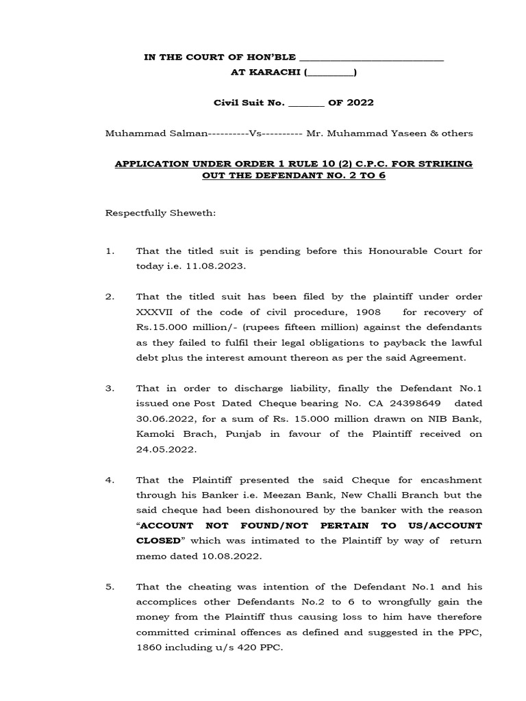 Civil Procedure Code o 1 R 10 Application PDF Lawsuit Affidavit