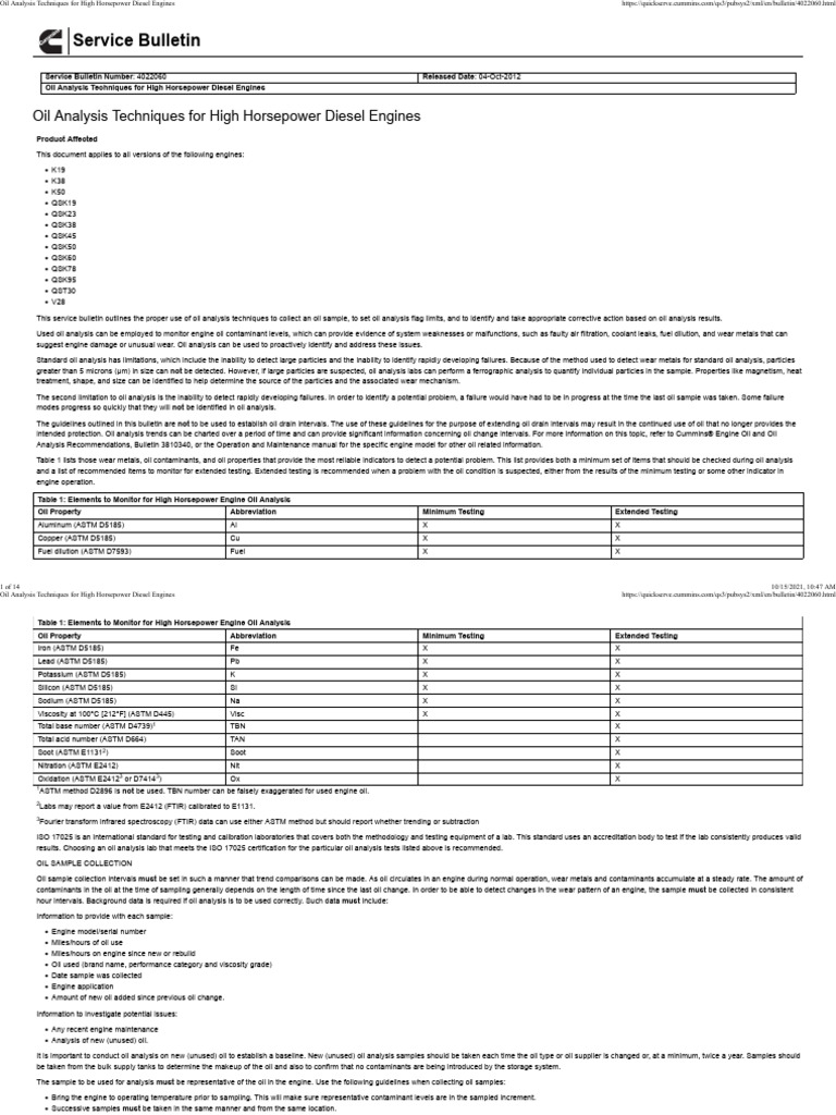 Oil Analysis Techniques For High Horsepower Diesel Engines Cummins | PDF
