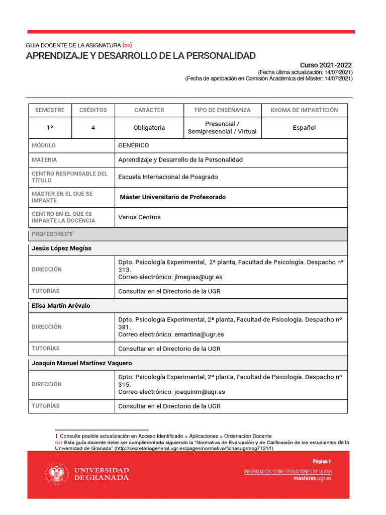 Guía Docente Adp Máster Ugr 20!21!21 Jesus Lopez Megias PDF Aprendizaje Enseñando