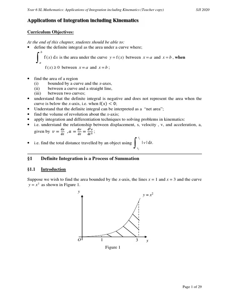 Year 6 SL Applications of Integration Including Kinematics 2020 Teacher ...