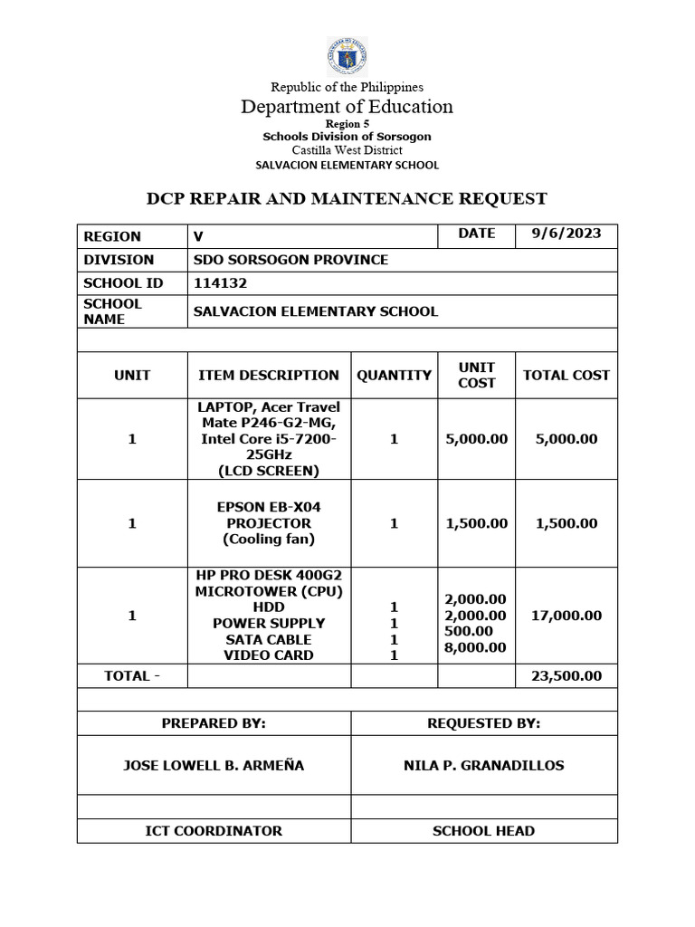 DCP Repair Request for Salvacion Elementary | PDF