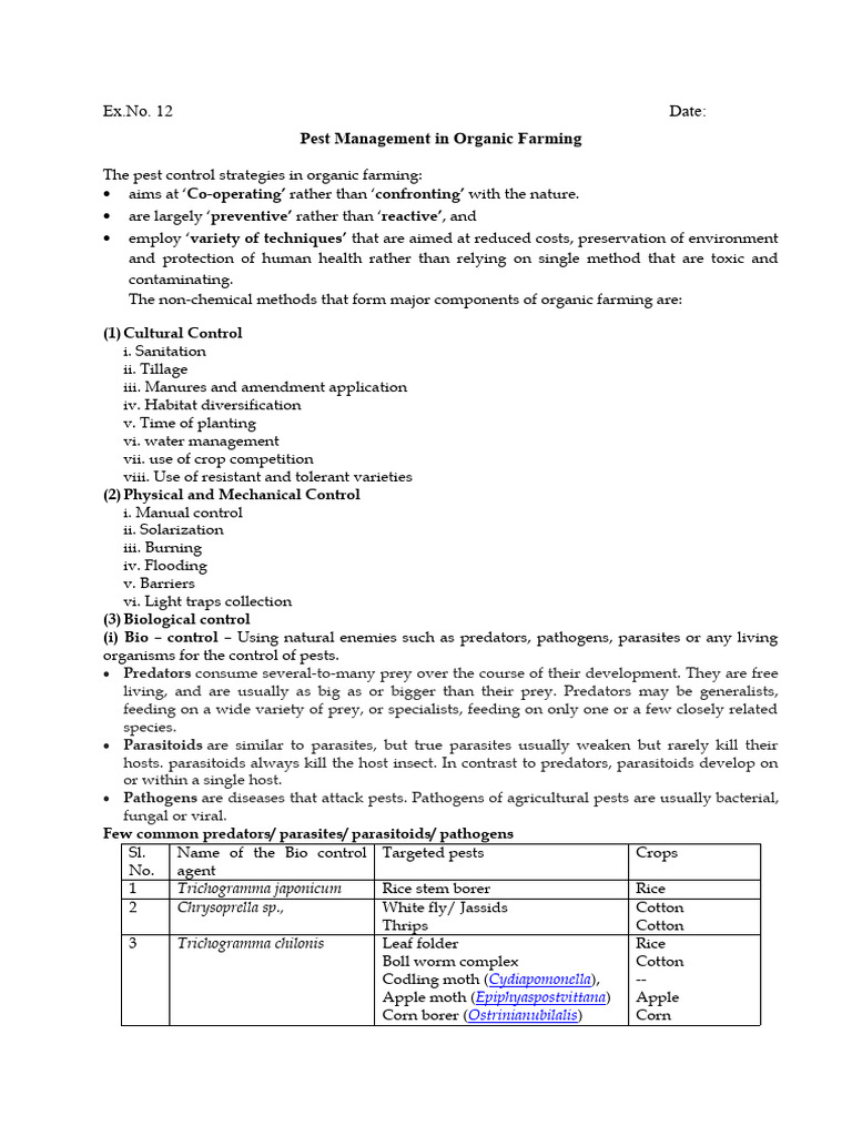Ex - No.12 Pest Management | PDF | Predation | Parasitism