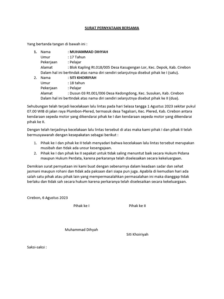 Surat Pernyataan Perdamaian Laka Lantas Pdf - vrogue.co