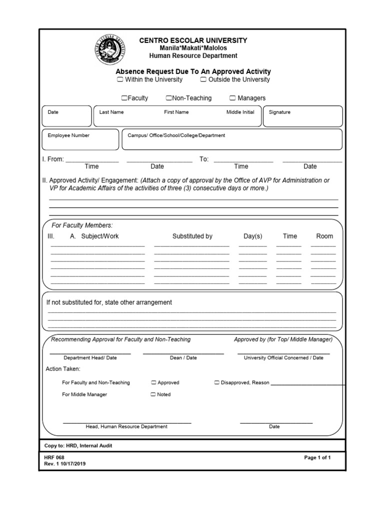 HRF 068 Absence Request Due To An Approved Activity | PDF