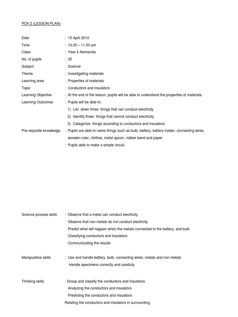 Lesson Plan Pdf Electrical Conductor Insulator Electricity