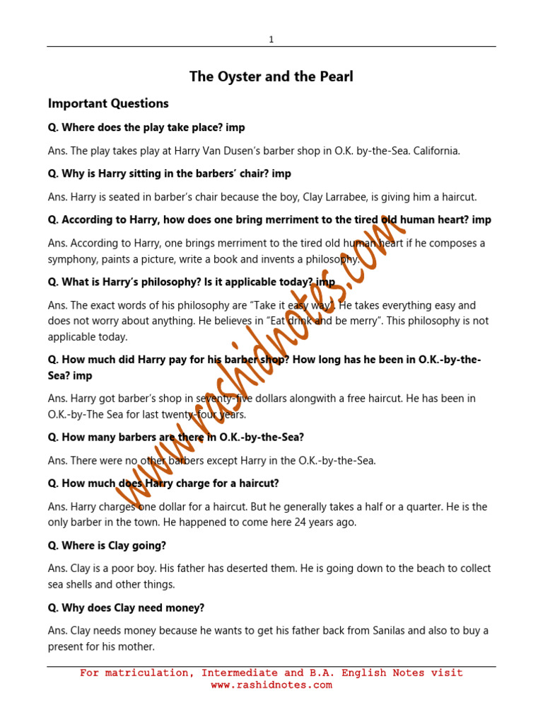 The Oyster and The Pearl First Year English Notes PDF
