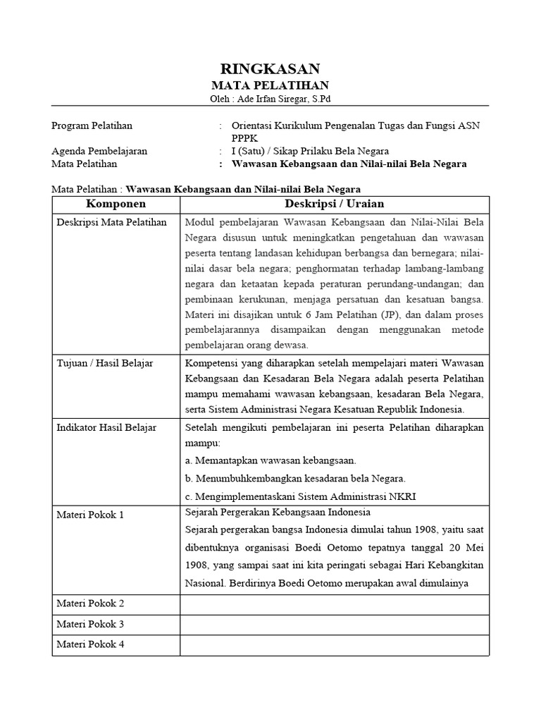 Format Ringkasan Mata Pelatihan | PDF