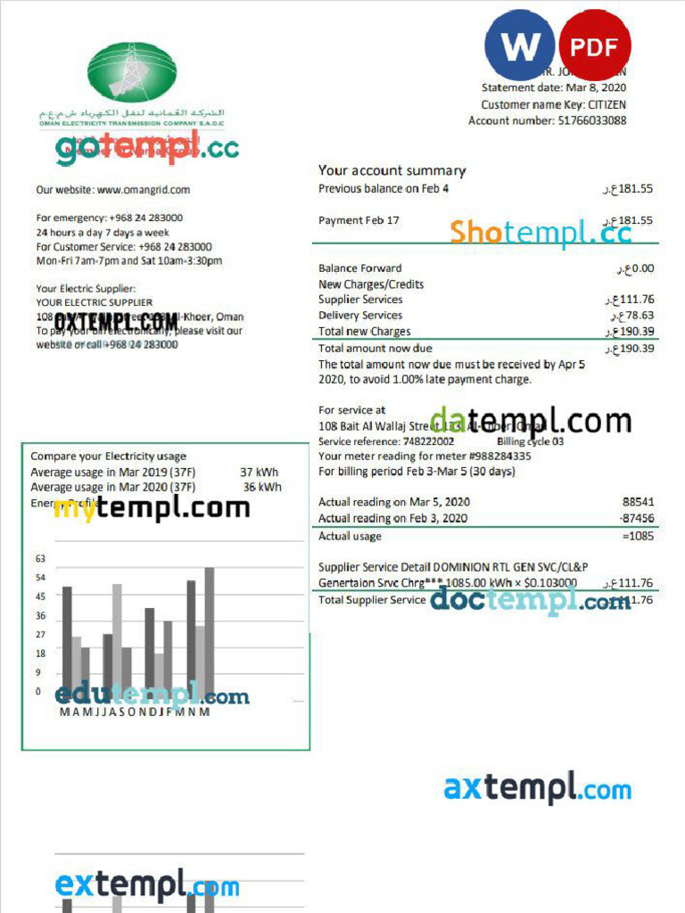 Doctempl Oman Electricity Transmission Company Electricity Utility Bill Template in Word and
