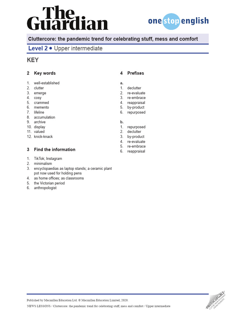 News Lessons Cluttercore Upper Intermediate Answer Key 788505 | PDF