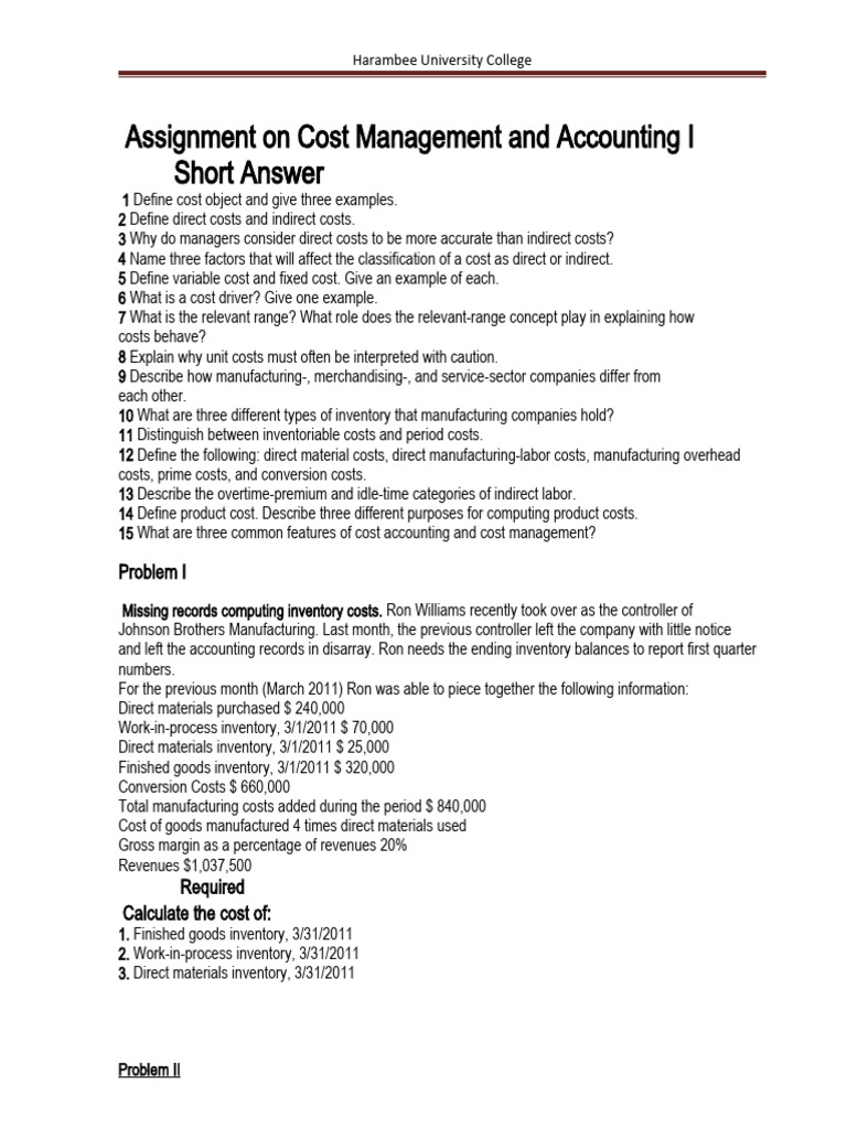 Cost Assignment I PDF Inventory Cost