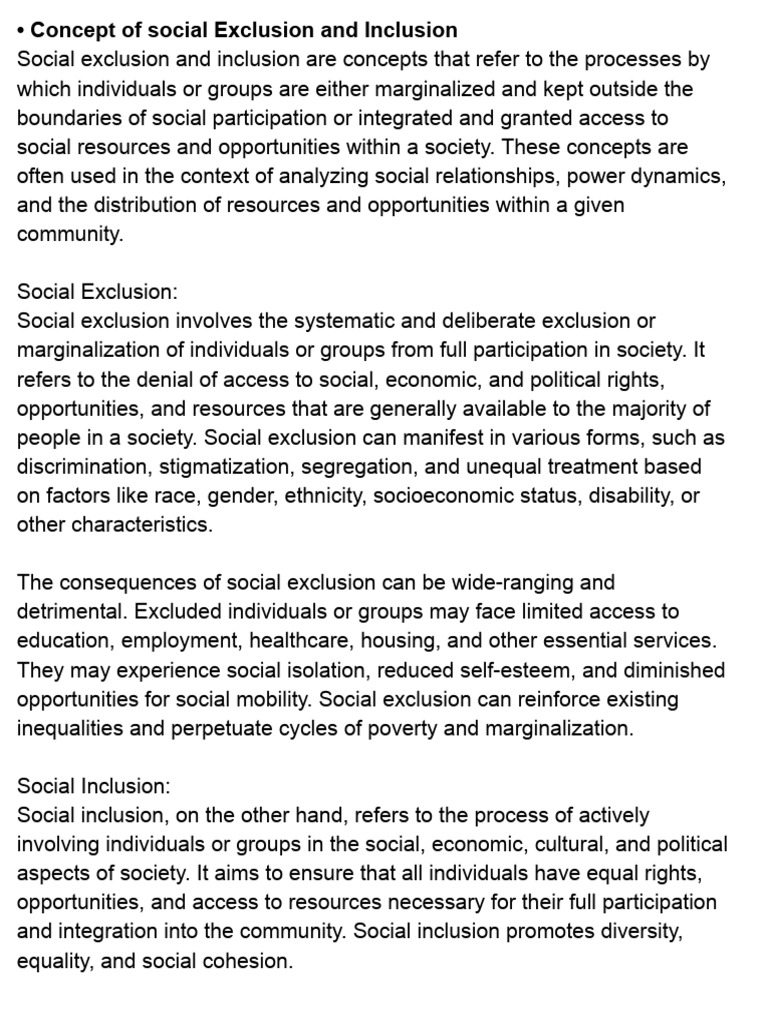 Concept of Social Exclusion and Inclusion | PDF | Inclusion (Education ...