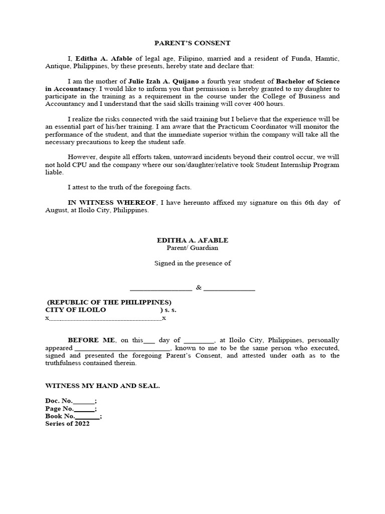 Parent Consent for Student Training | PDF | Social Science | Law
