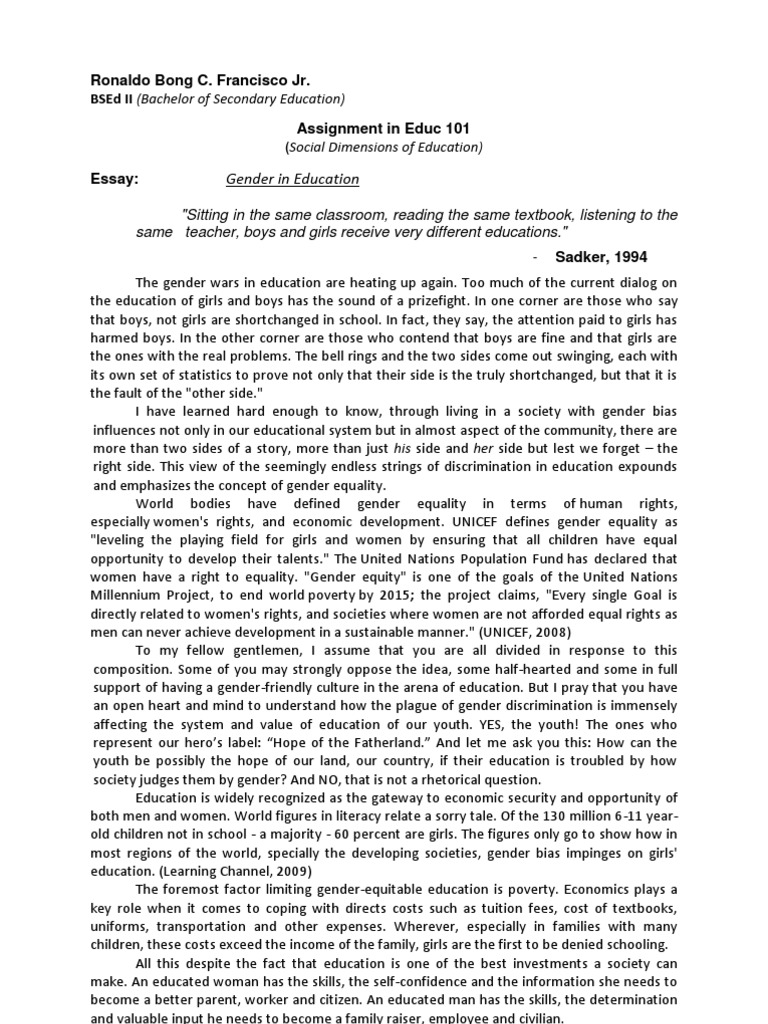 Essay Gender Bias PDF Gender Gender Studies