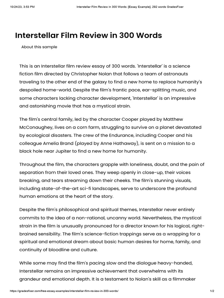 Interstellar Film Review in 300 Words (Essay Example), 292 Words