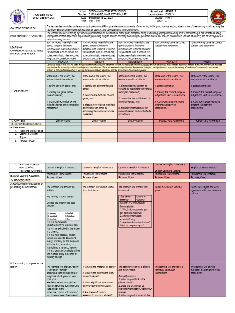DLL English 7 | PDF | Foreign Language Studies