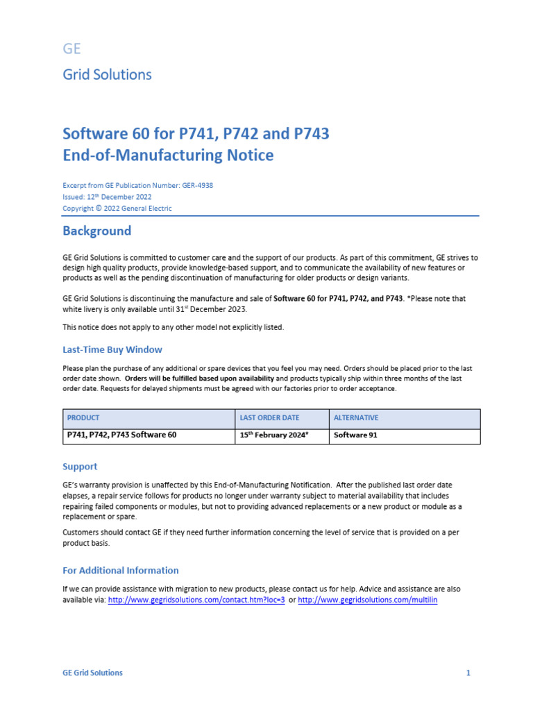 GER-4938 Software 60 For P741 P742 P743 End of Manufacturing Notice | PDF