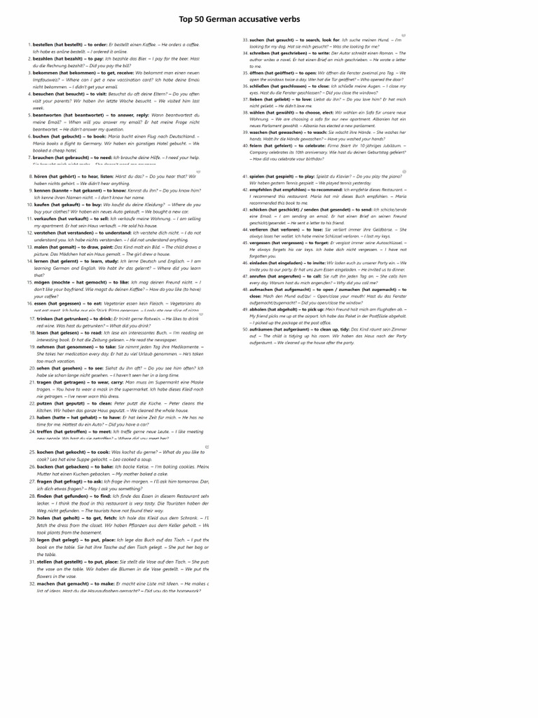 Top 50 Accusative Verbs German | PDF