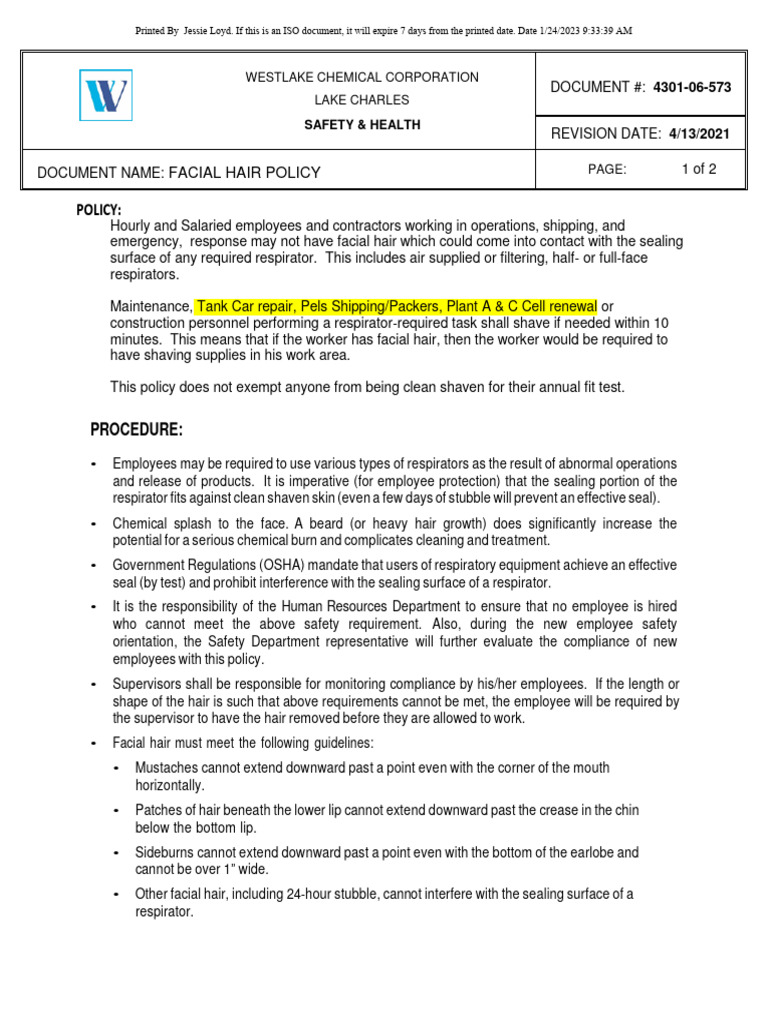 Facial Hair Policy PDF Shaving Working Conditions