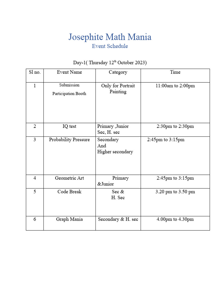 Schedule | PDF | Mathematics