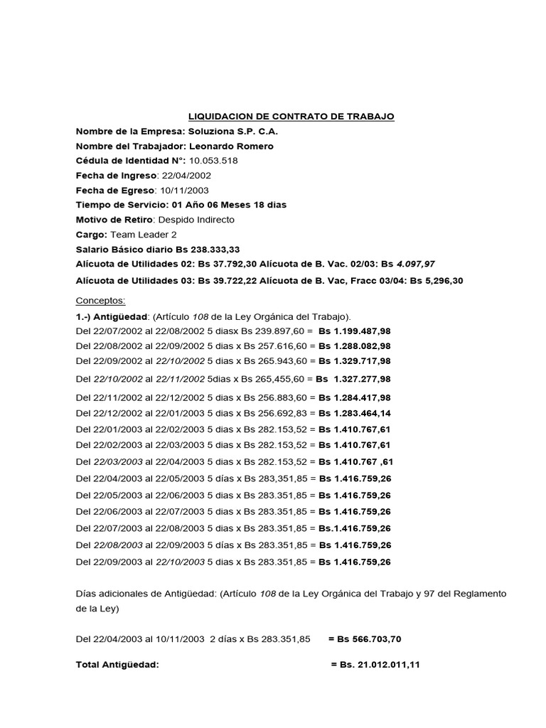 Modelo LIQUIDACION DE CONTRATO DE TRABAJO | PDF