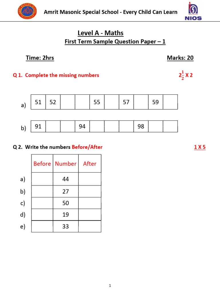 First Term Maths Exam Paper for KG | PDF