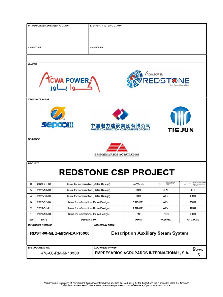 Redstone CSP Project: Auxiliary Steam System | PDF | Boiler | Steam