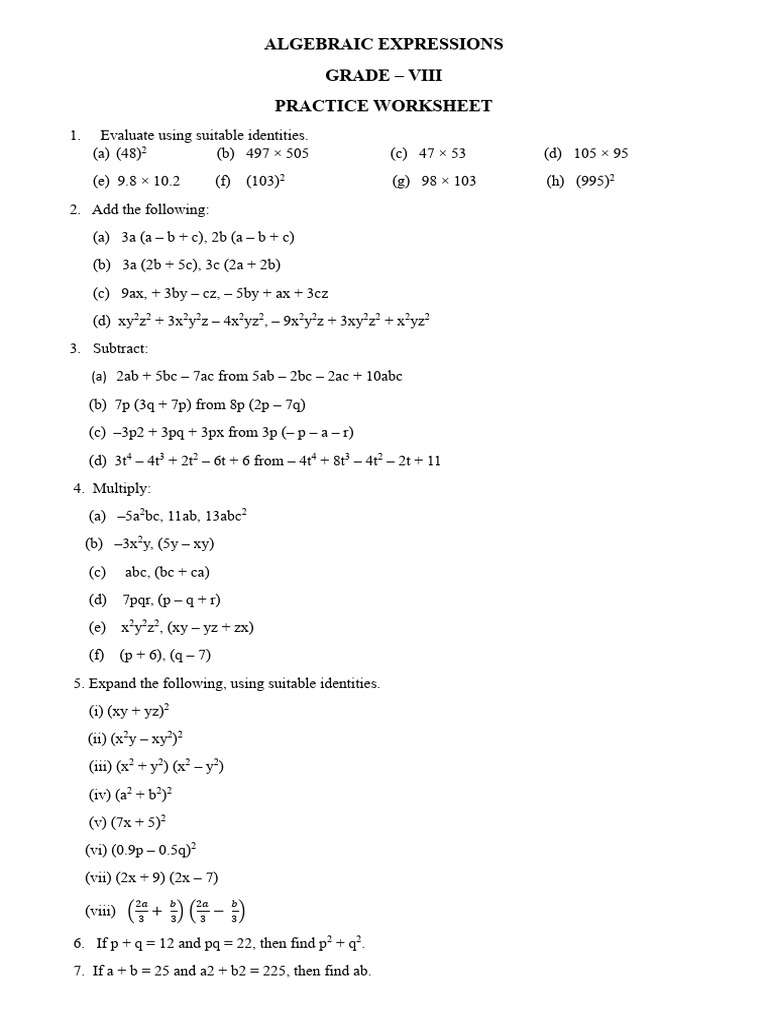 Grade 8 Algebraic Expressions Worksheet | PDF | Teaching Methods ...