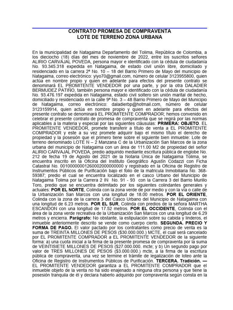 Contrato Promesa de Compraventa Terreno | PDF | Derecho privado | Ley ...