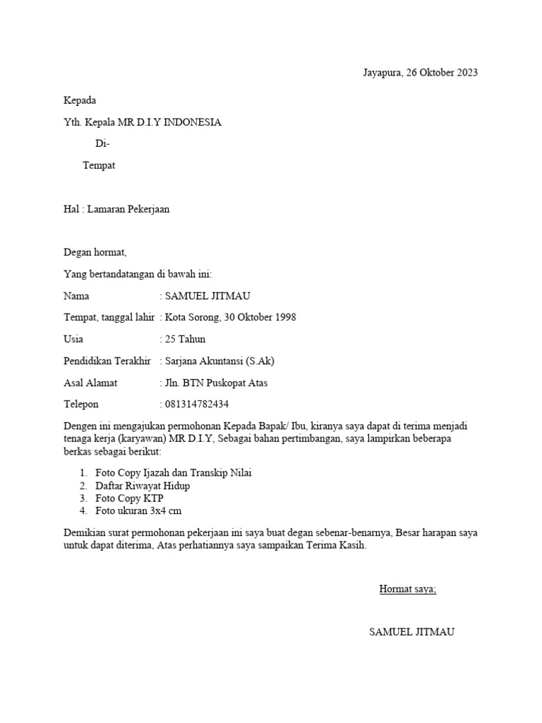 Lamaran Kerja Samuel Jitmau di MR D.I.Y | PDF