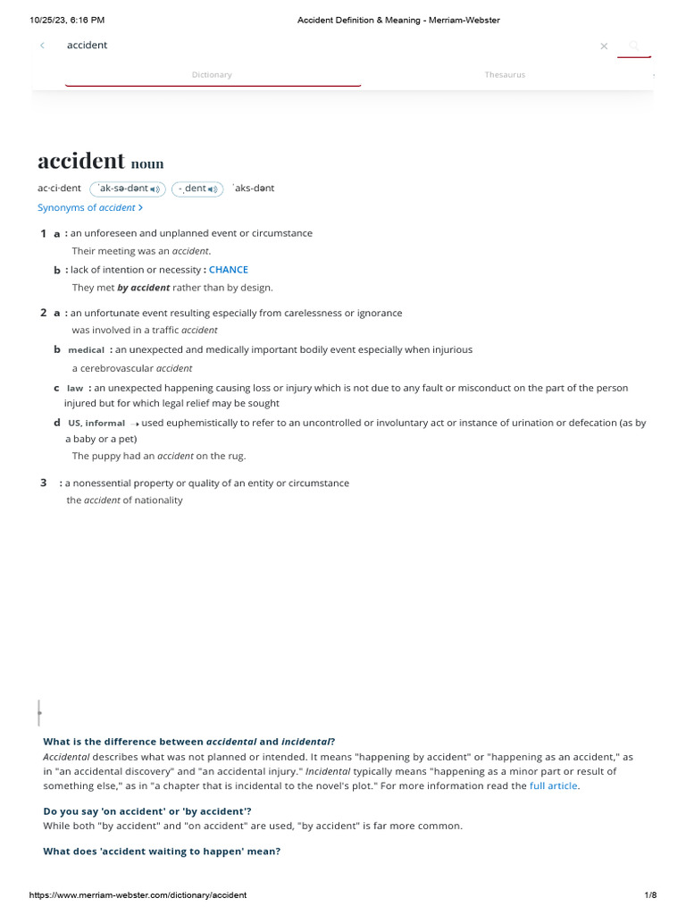 Accident Definition & Meaning - Merriam-Webster | PDF | Adjective | Noun