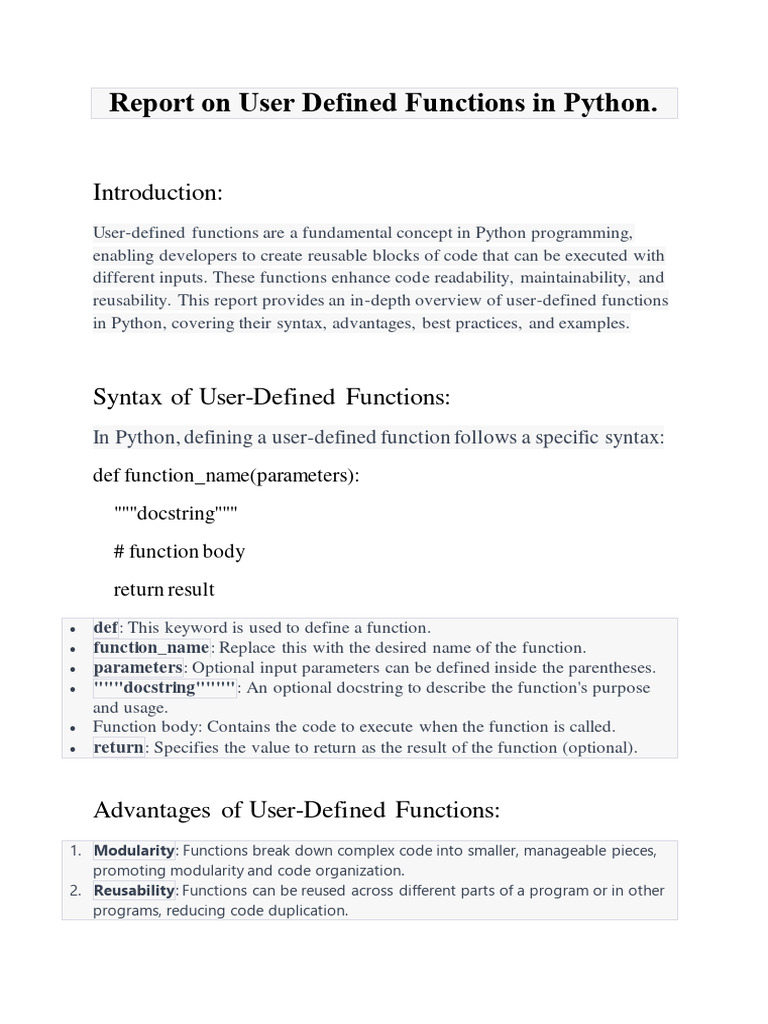 Report On User Defined Functions in Python | PDF | Parameter (Computer ...