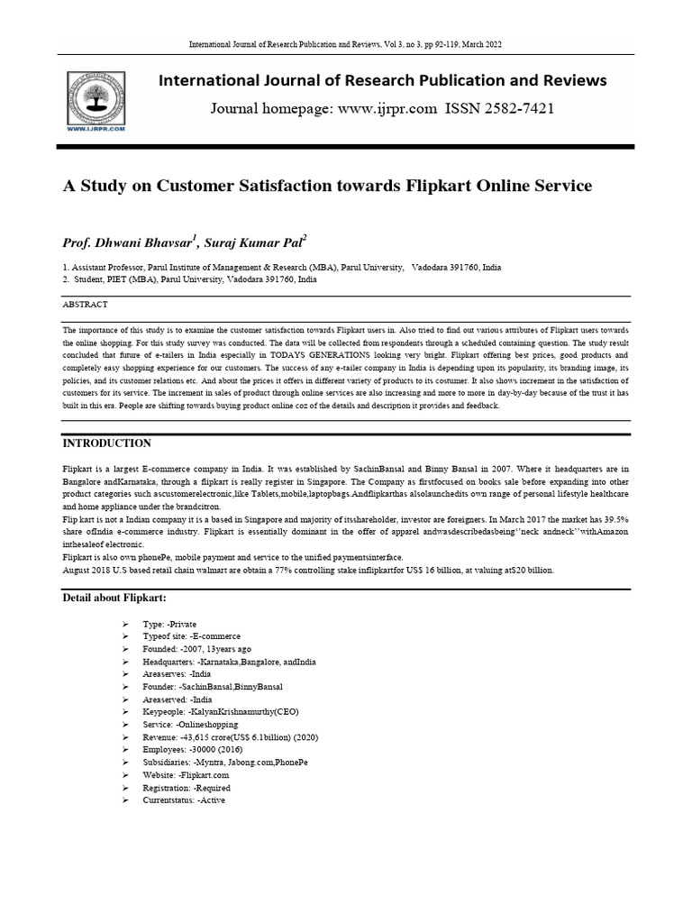 Customer Satisfaction Study on Flipkart | PDF | E Commerce | Online ...
