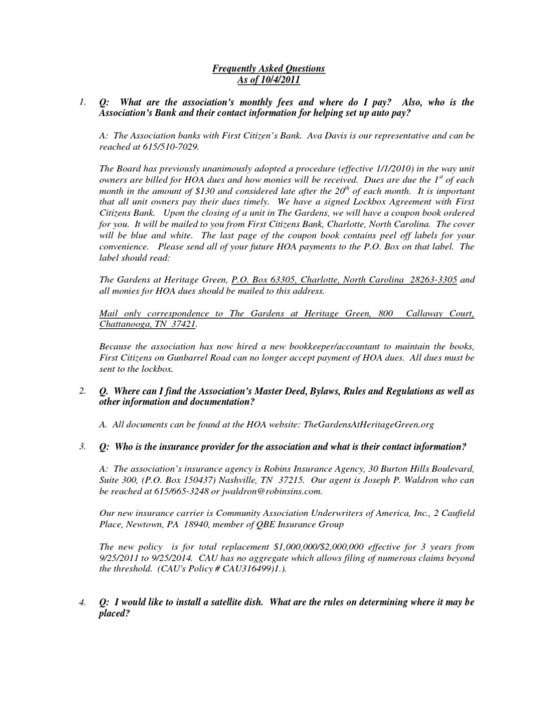 HOA FAQs for The Gardens 2011 | PDF
