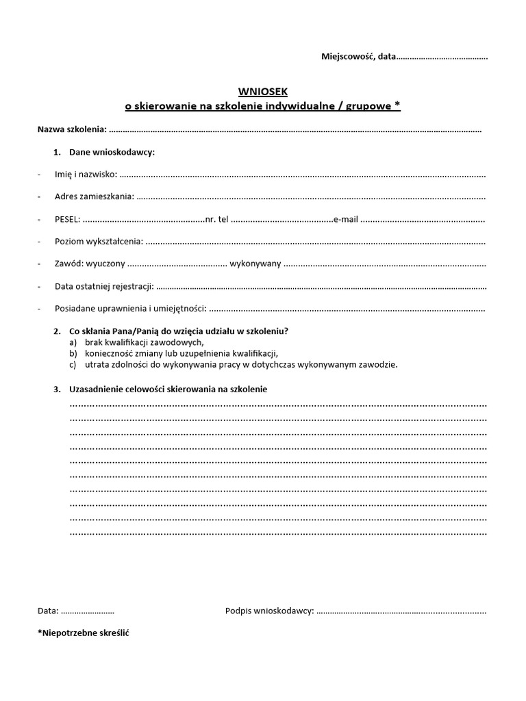 WNIOSEK o Skierowanie Na Szkolenie Indywidualne Grupowe PDF