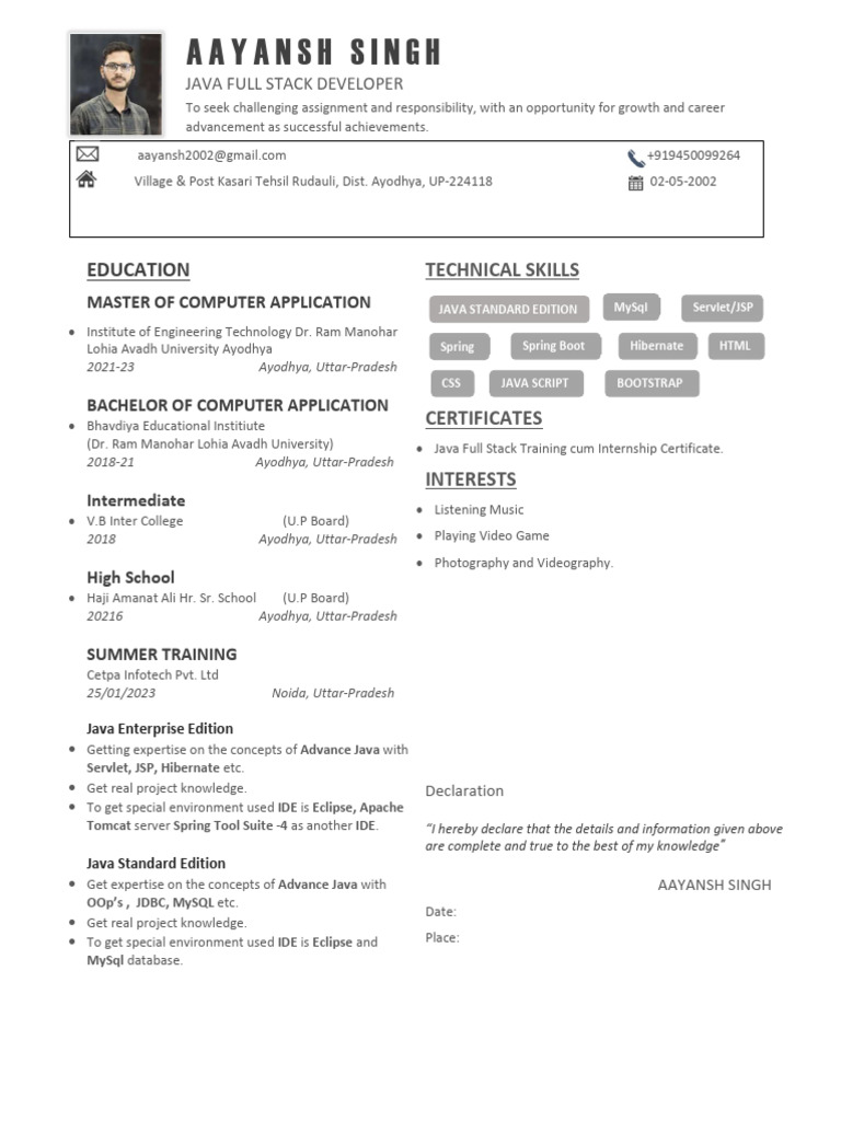Java Aayansh Resume-1 | PDF | Computer Science | Application Software