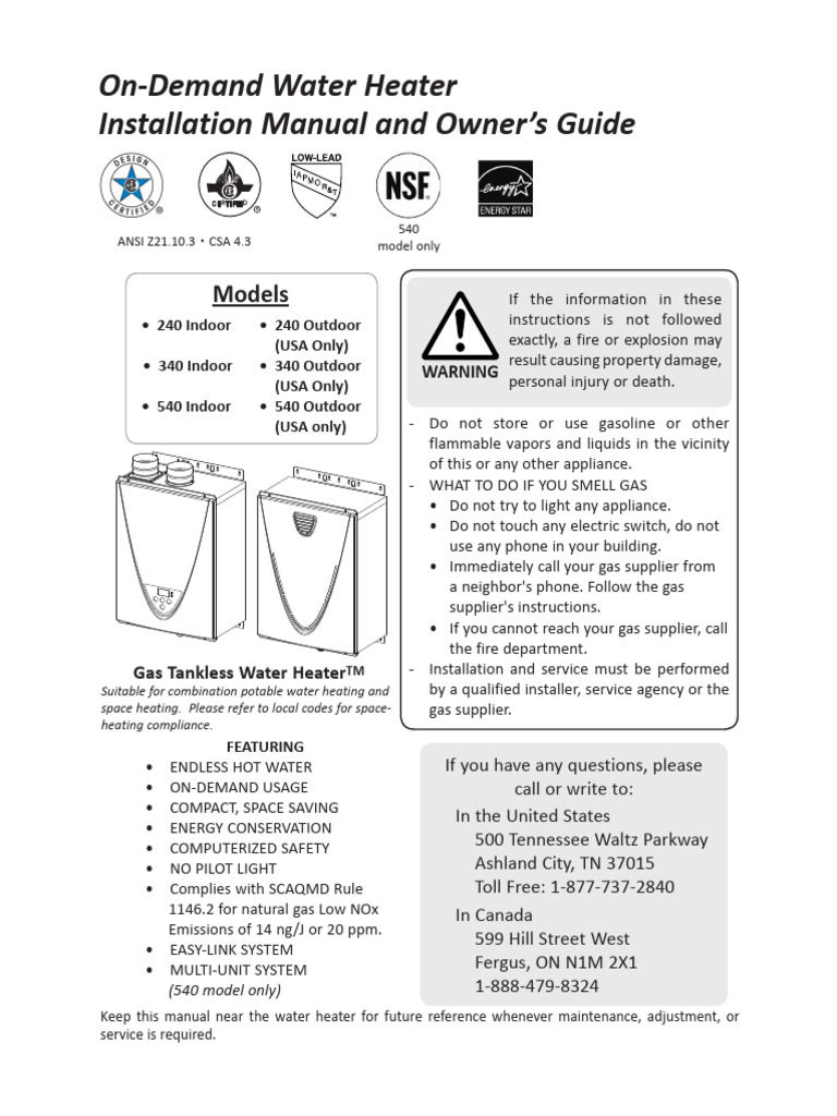 AO Smith Tankless Water Heater ATI540H100 PDF Water Heating
