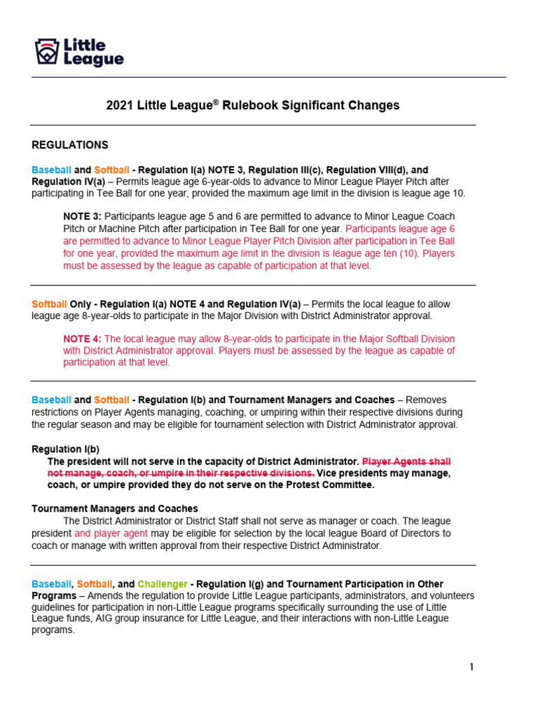 2021 Little League Rulebook Significant Updates | PDF