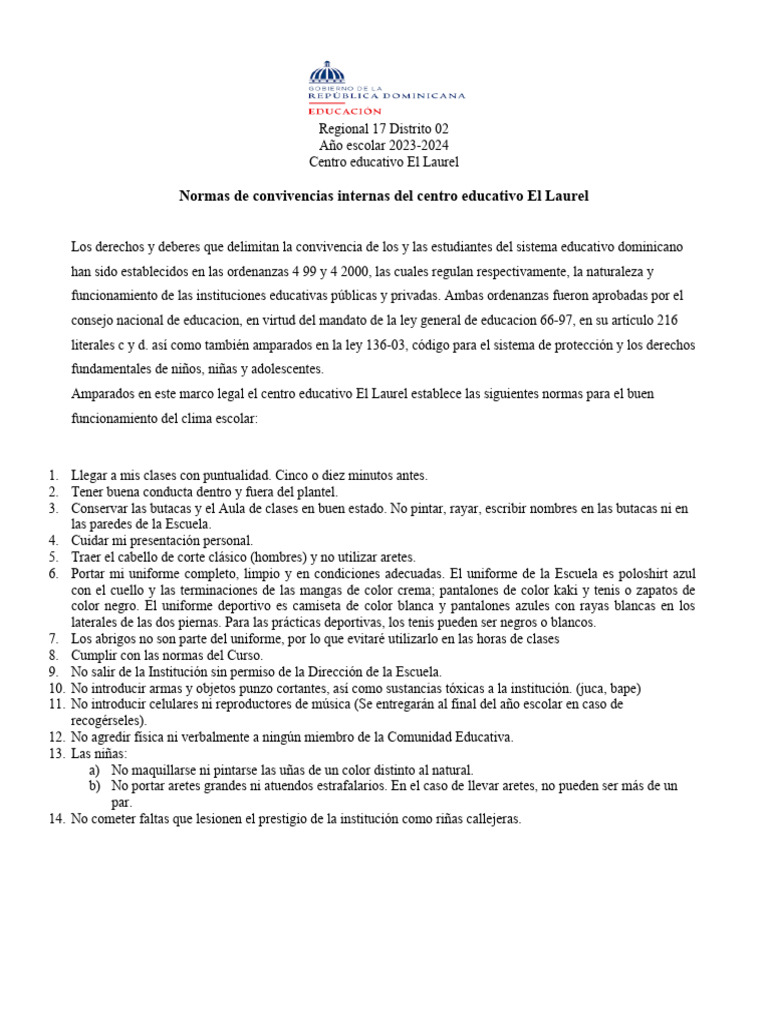 Normas de Convivencia El Laurel | PDF | Salud y bienestar | Estilo de vida