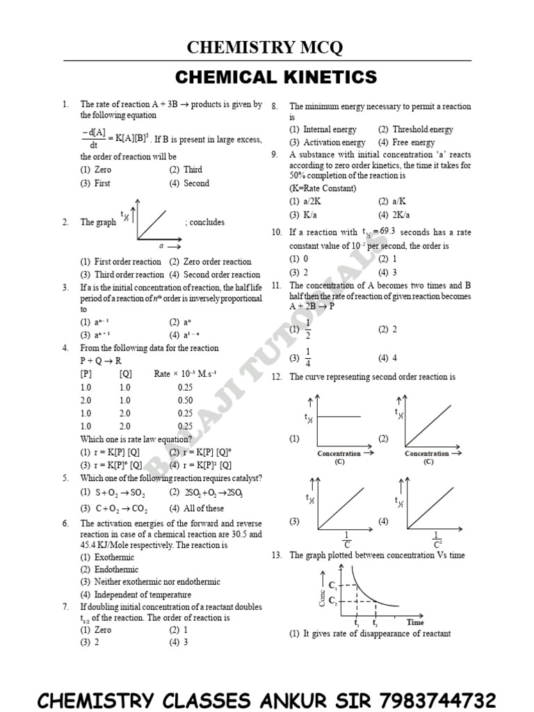 Chemical MCQ PDF Reaction Rate Activation Energy