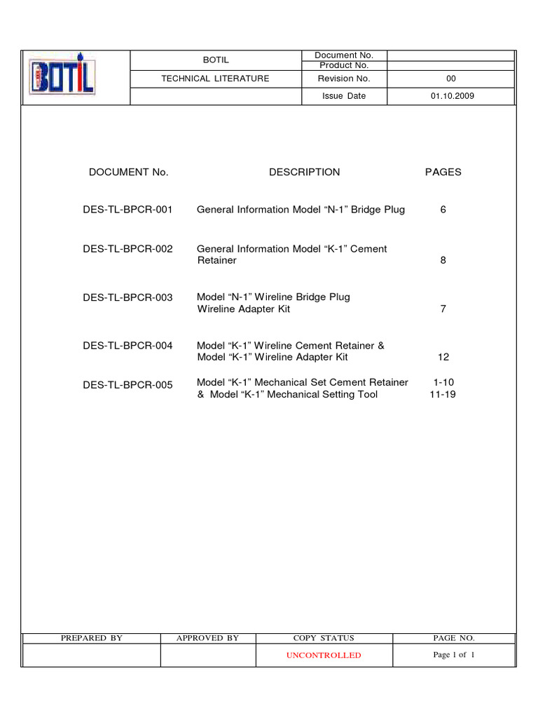 BOTIL N-1 Bridge Plug Technical Guide | PDF | Screw | Manufactured Goods