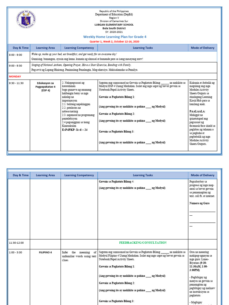 Grade 4 All Subjects WHLP Q1 W2 PDF
