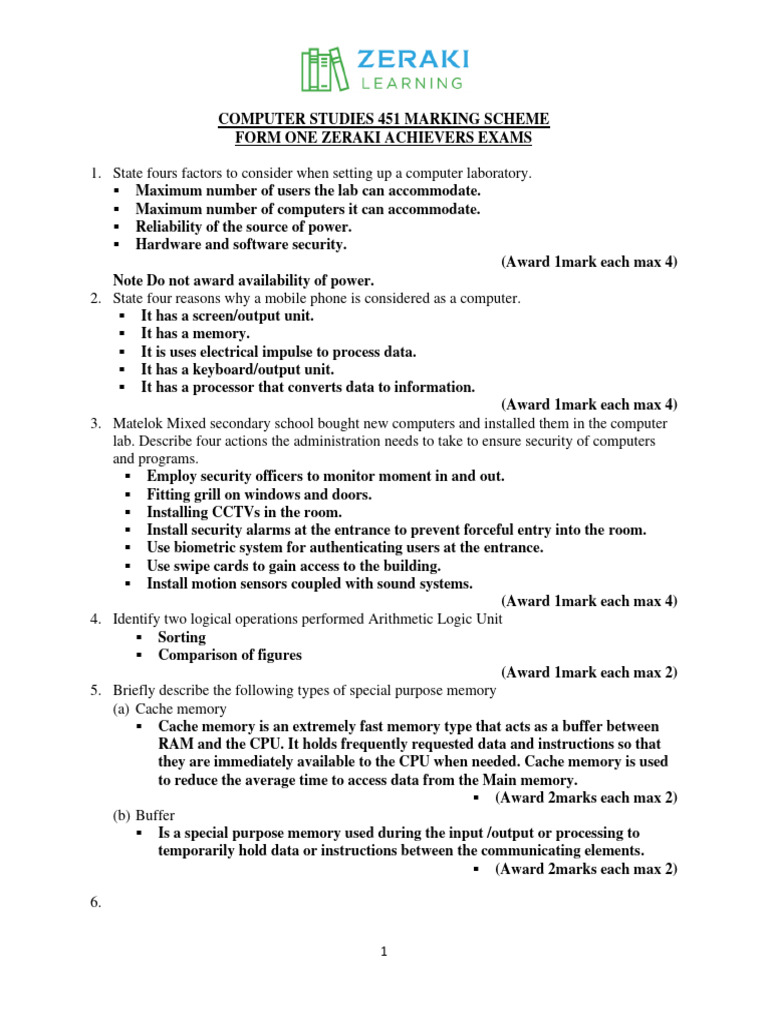 Computer studies computer studies form 1 zeraki achievers 2 0