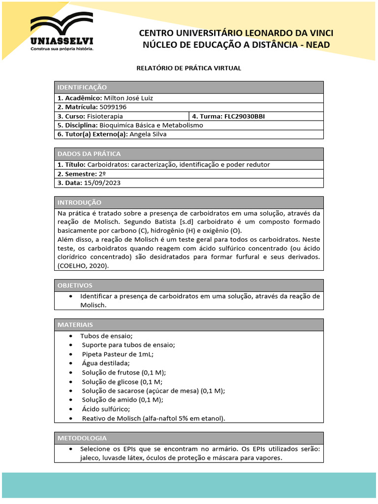 Carboidratos Caracterização, Identificação e Poder Redutor | PDF ...