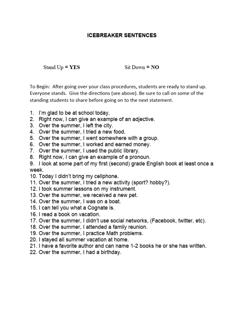 Icebreakers Sentences PDF