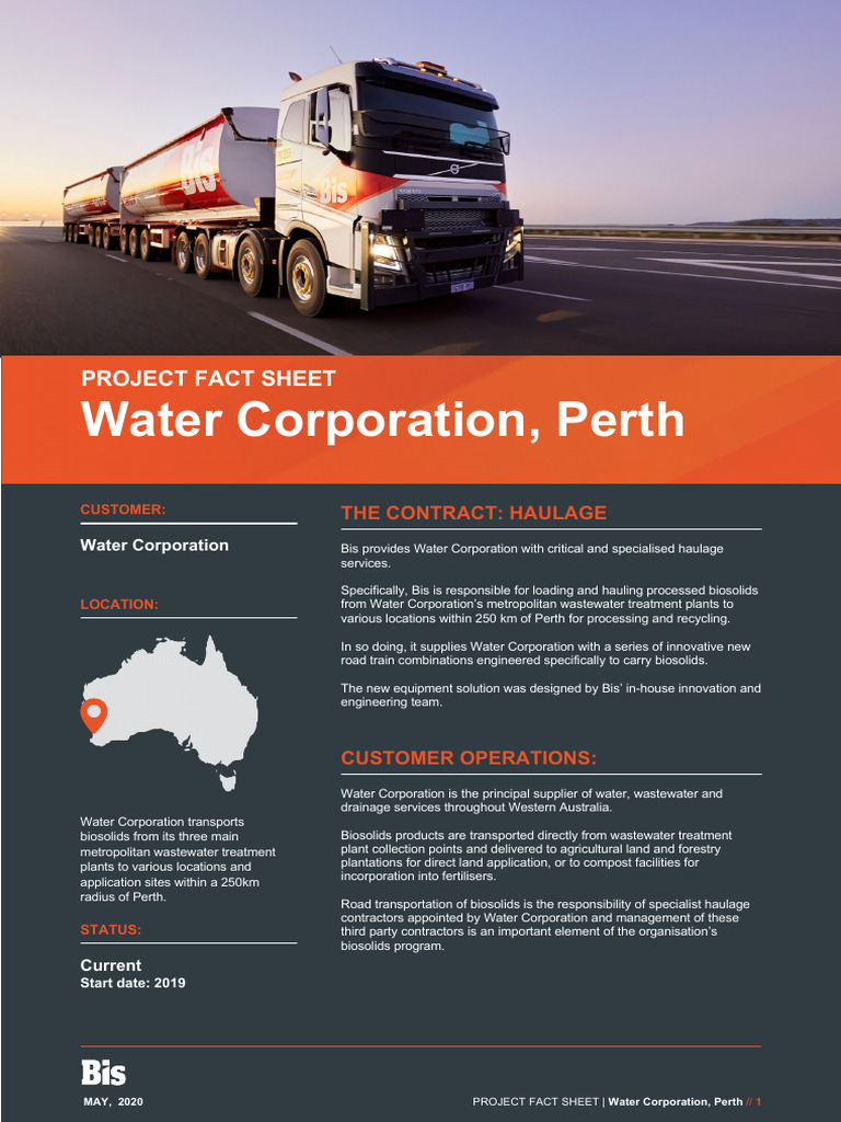 Bis Factsheet Water Corporation Nov2020 PDF Logistics Business