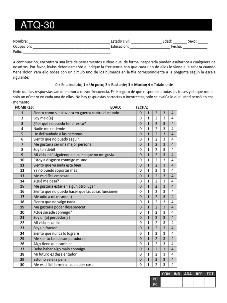 Cuestionario ATQ-30: Evaluación de Pensamientos | PDF
