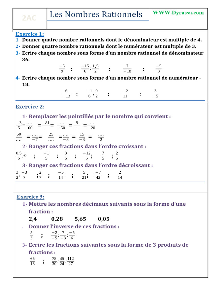Exercices sur les Nombres Rationnels | PDF